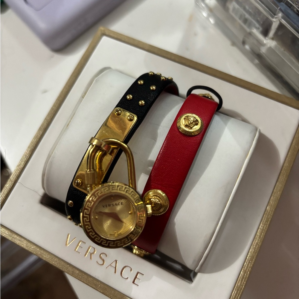 Versace Black and Red Leather Watch Set